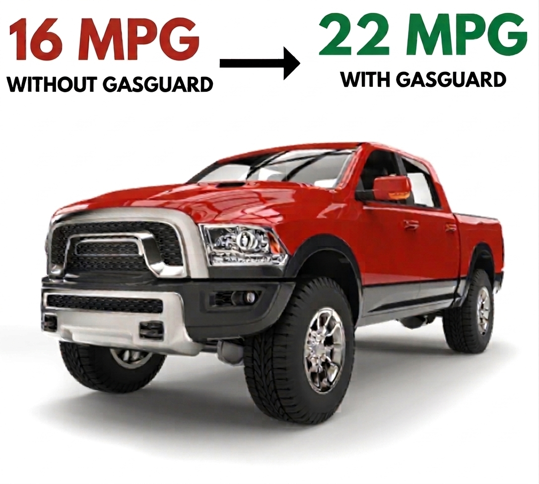 Red pickup truck showing 16 MPG without GasGuard to 22 MPG with GasGuard